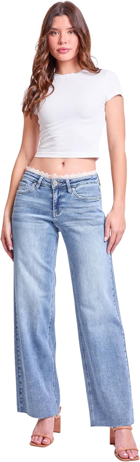 YMI Women's Luxe Lace Trim Wide Leg Jeans, P036660 - Image 4