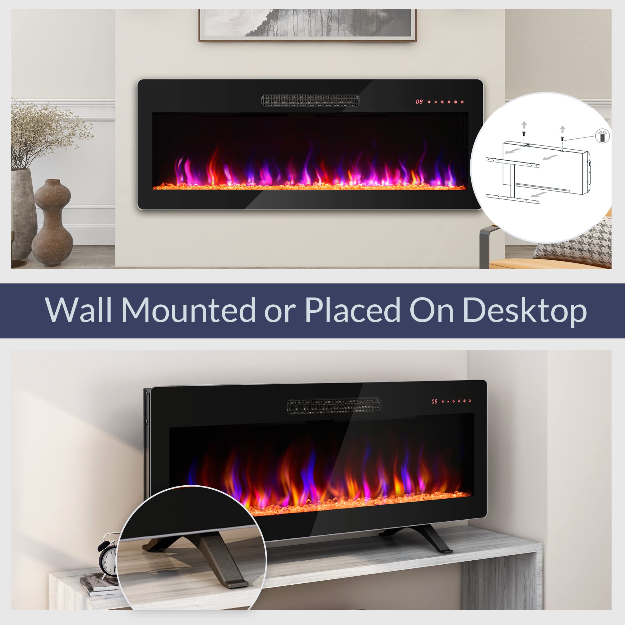 Amazon.com: BELLEZE 42 Electric Fireplace Heater, 1400 W Recessed u0026 Wall  Mounted Electric Fireplace with Remote Control, Freestanding Heater with  Adjustable Flame Color and Brightness, Timer, Touch Screen : Home u0026 Kitchen