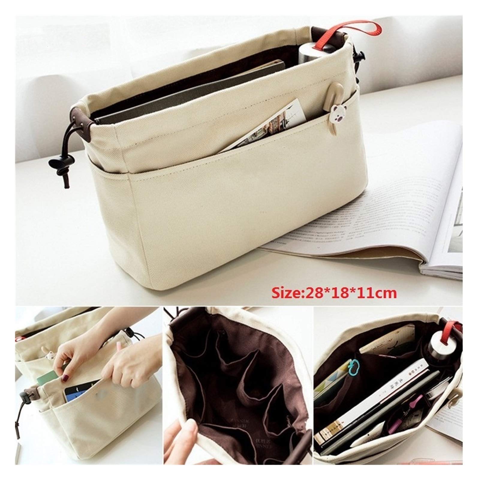 Handtaschen Organizer,Taschen Organisator Canvas-Geldbörse Organizer Bag Organizer Insert mit Fächern Makeup Organizer Handtasche (Color : Small Rice) Fashion