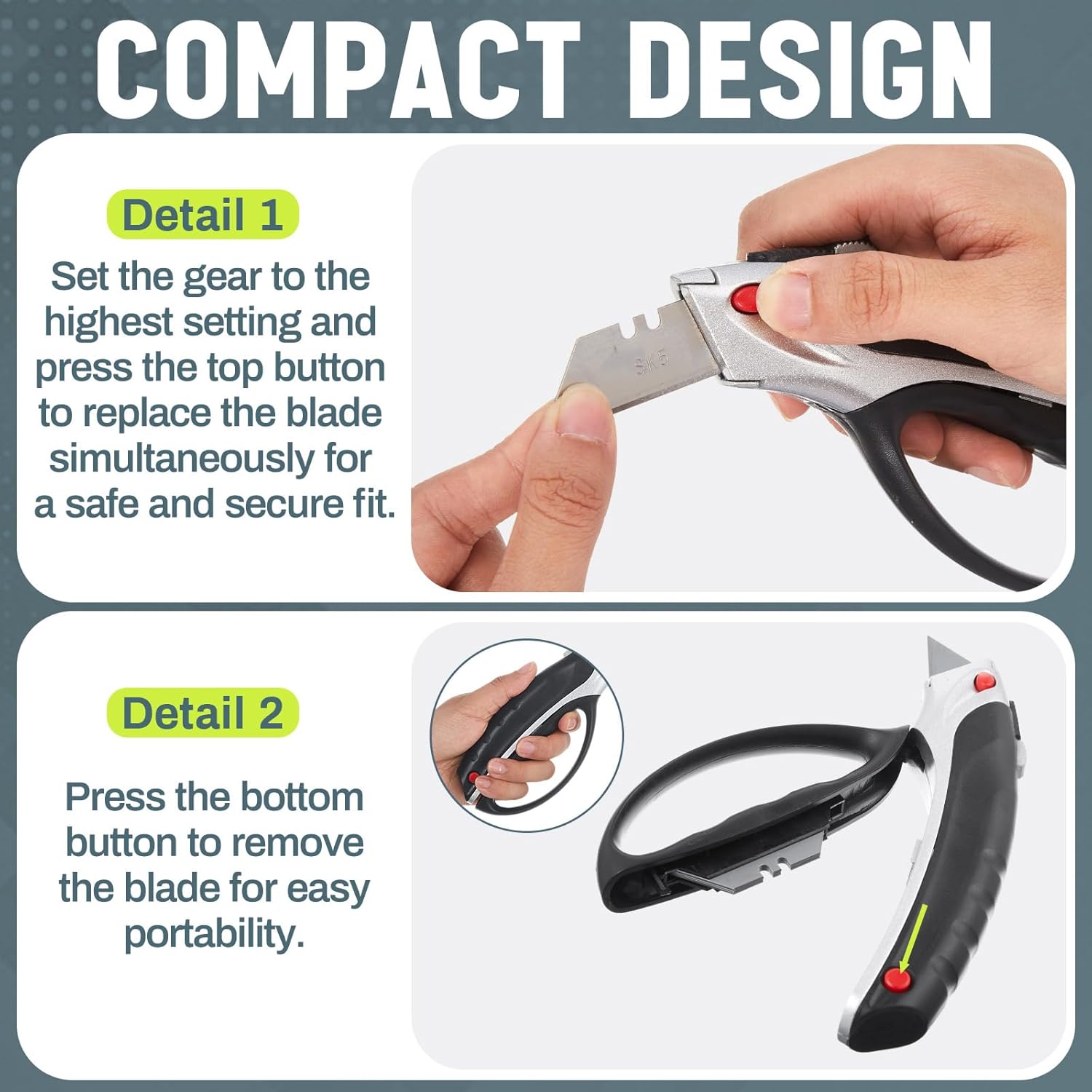 2 Pcs Heavy Duty Retractable Utility Knife, Box Cutter, Carpet Cutter with 3-position Lock, Ergonomic Non-slip Handle, 5 Reversible Replacement Blades Sk5