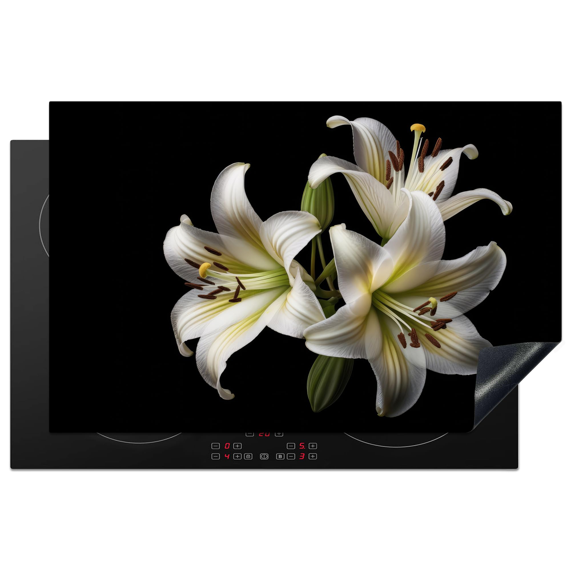 KitchenYeah© Induction Hob Protector Mat 20.5"x31.9" / 81x52 cm Stove Cap Top Cover Kitchen Cooker Covers for Electric Hobs Vinyl Lily - Flowers - White - Nature - Botanical