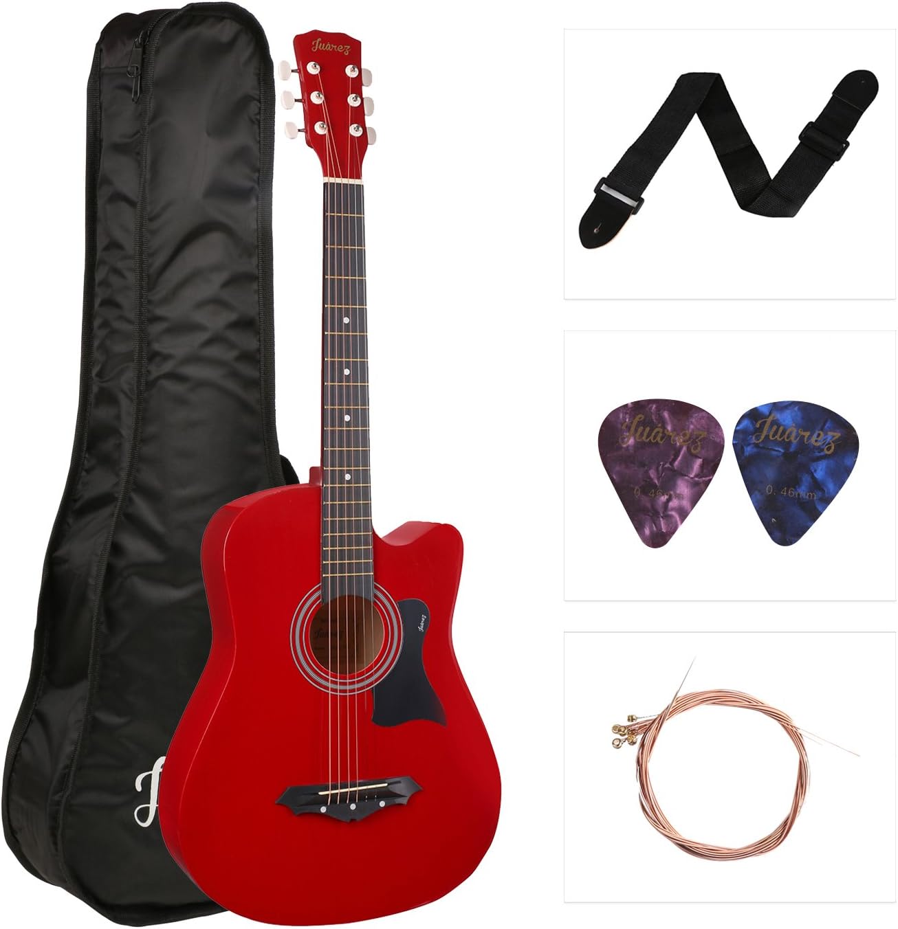 Juârez Acoustic Guitar, 38 Inch Cutaway, JRZ38C/RED with Bag, Strings, Pick and Strap, Red