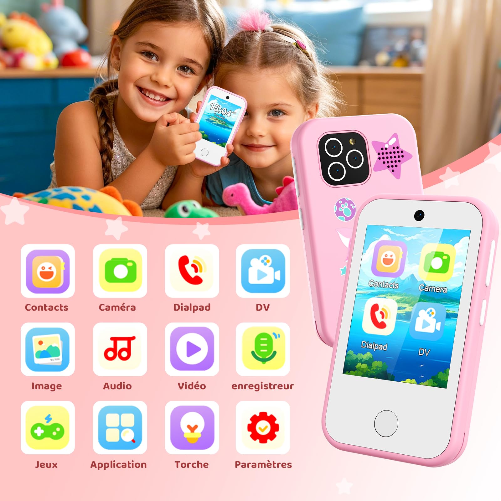 Téléphone Portable 4G pour Enfants Smartphone avec Double caméra écran Tactile de 2,8 Pouces Jouet éducatif pour garçons et Filles de 3, 4, 5, 6, 7, 8, 9 Ans Cadeau d'anniversaire Renard Rose