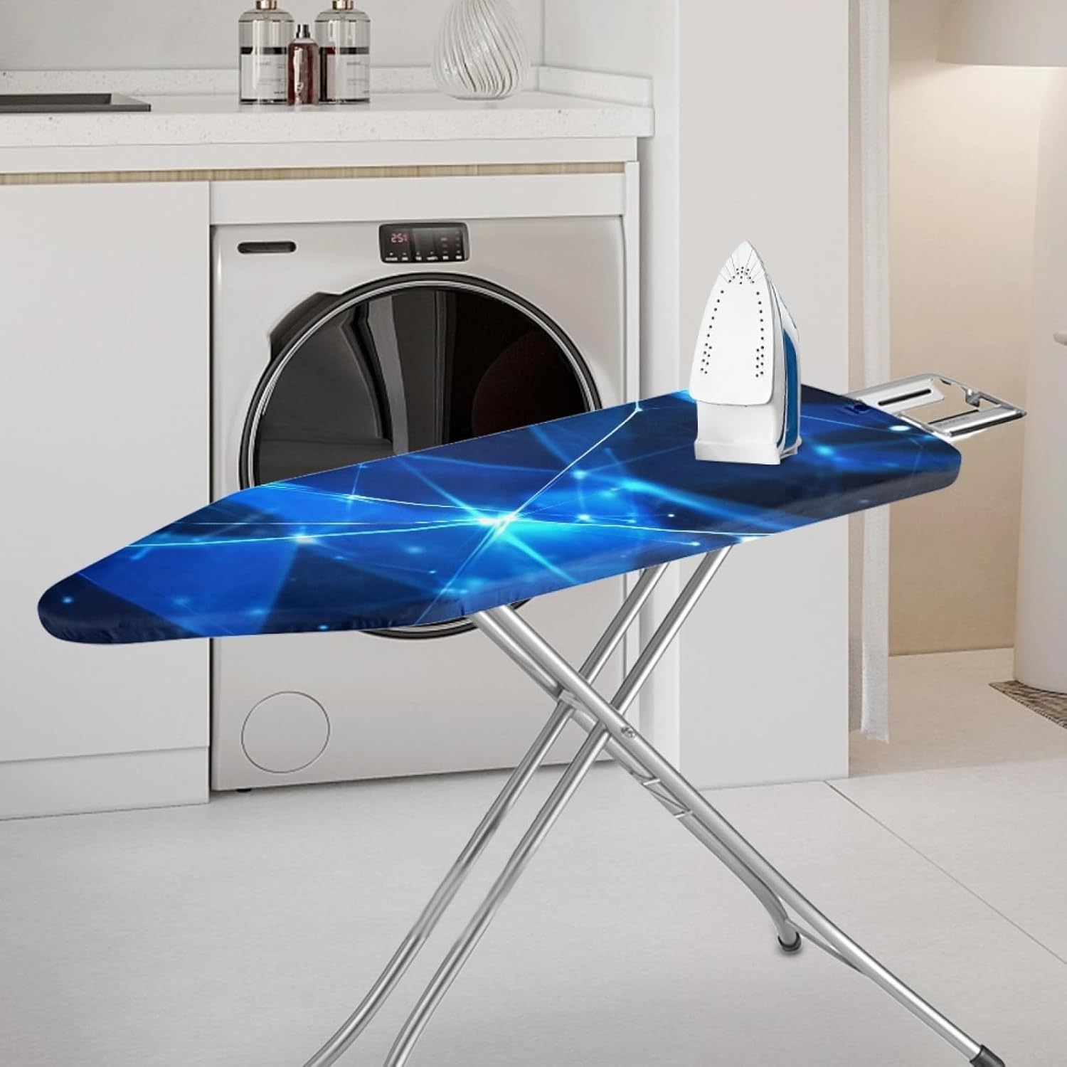 Large Ironing Board Cover and Pad 59x19 Geometric Lines Blue Iron Table Cover with Padding,Extra Wide,Resist Scorching and Staining,Heatproof,Adjustable Fastener Durable Stain
