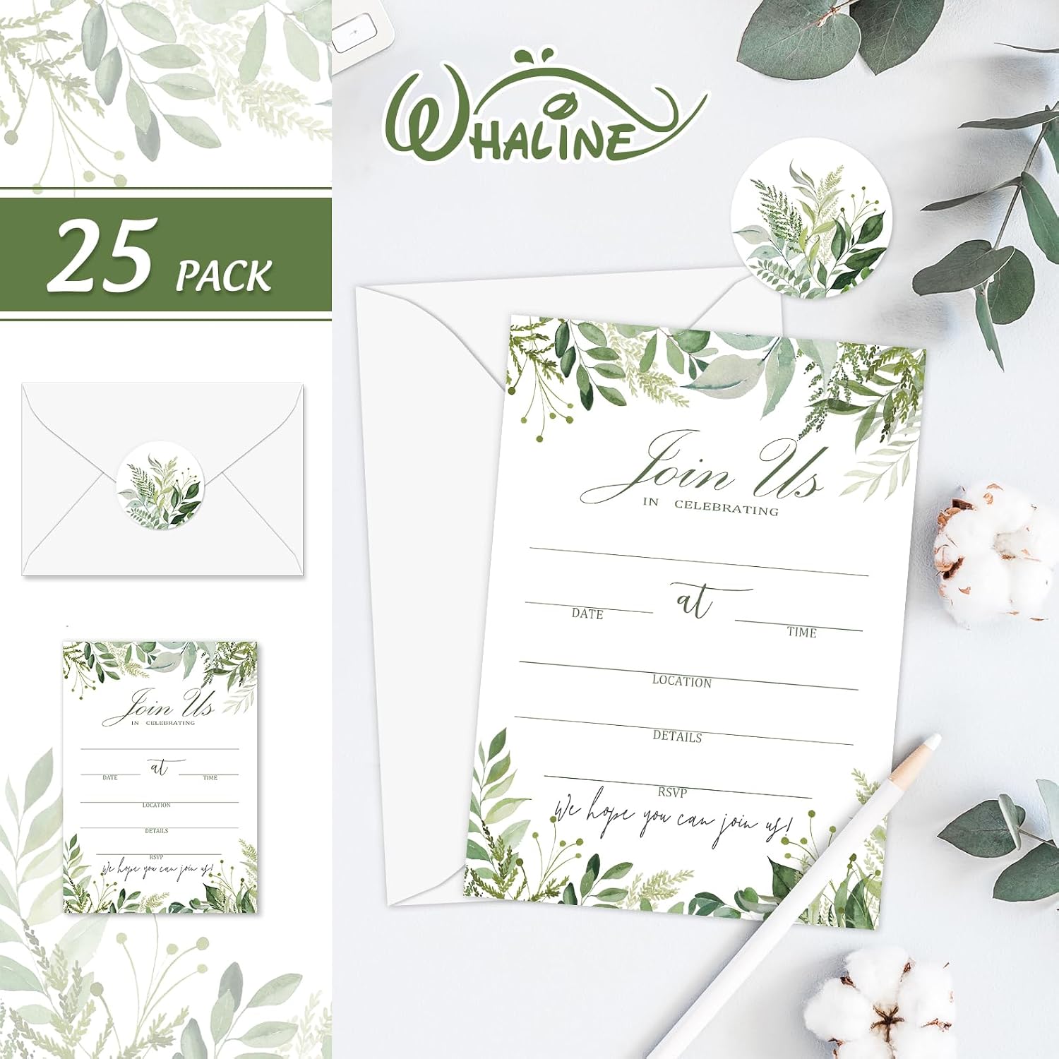 Whaline 25 Sets Greenery Invitations with Envelopes Stickers Watercolor Green Leaves Invitation Cards Blank Invites for Wedding Bridal Baby Shower Birthday Dinner Party, 5 x 7 Inch