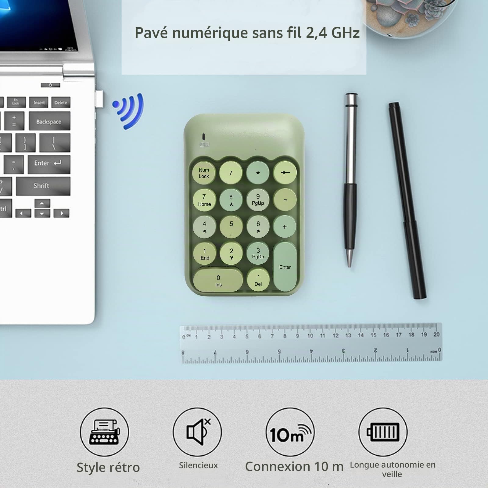 Pavé Numérique Mécanique, Pavé Numérique sans Fil 2.4G à 18 Touches, Clavier Numérique Rétro Mignon de Couleur Mélangée, pour PC, Ordinateur Portable, Ordinateur Portable, Etc.(Vert)