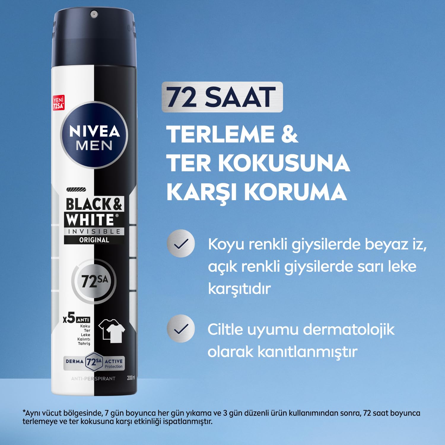 NIVEA MEN Erkek Sprey Deodorant Black&White Invisible Original 200 ml, 72 Saat Anti-perspirant Ter Koruması,Ekonomik Boy