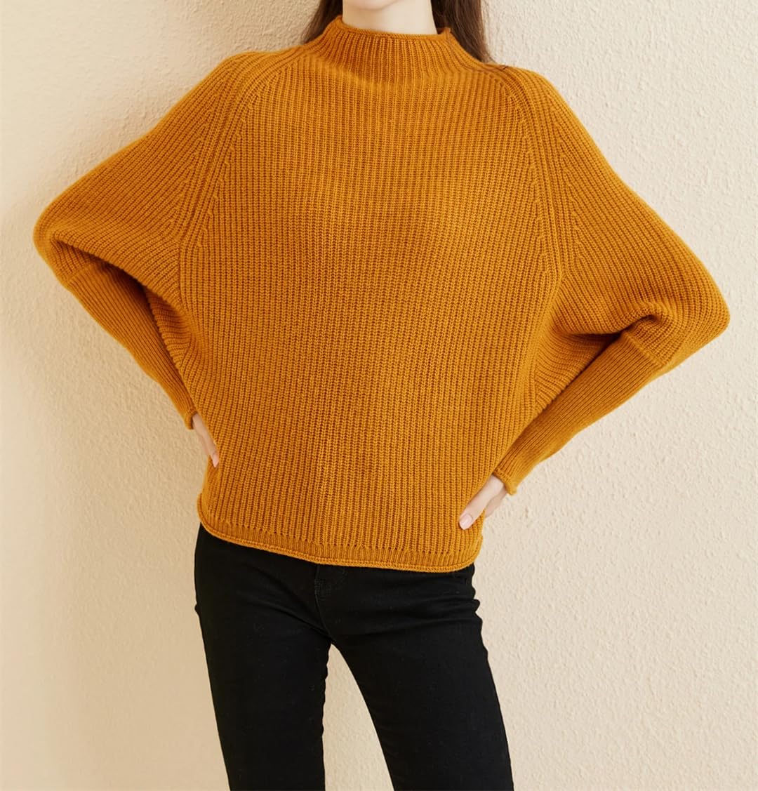 Disimlarl Damski sweter z wełny merynosów, jesienno-zimowy, oversize, sweter z długim rękawem, dzianinowy sweter