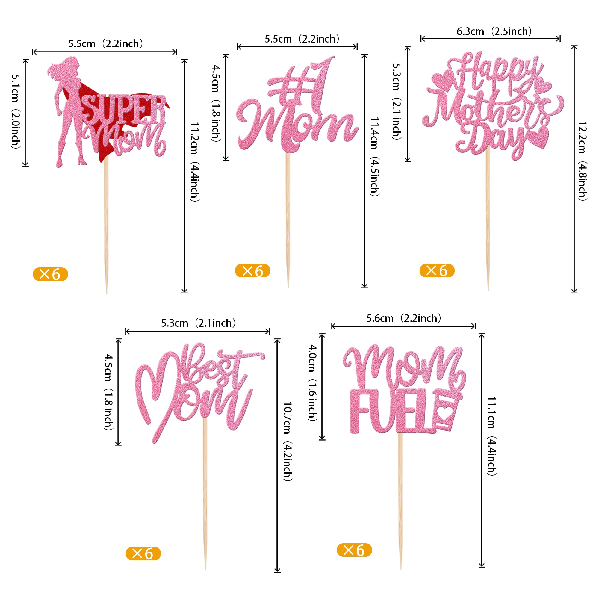 Rsstarxi 30 Pack Happy Mother's Day Cupcake Toppers Pink Glitter Love Mom Best Mom Ever Super Mom Cupcake Picks for Happy Mother's Day Women Birthday Party Cake Decortions