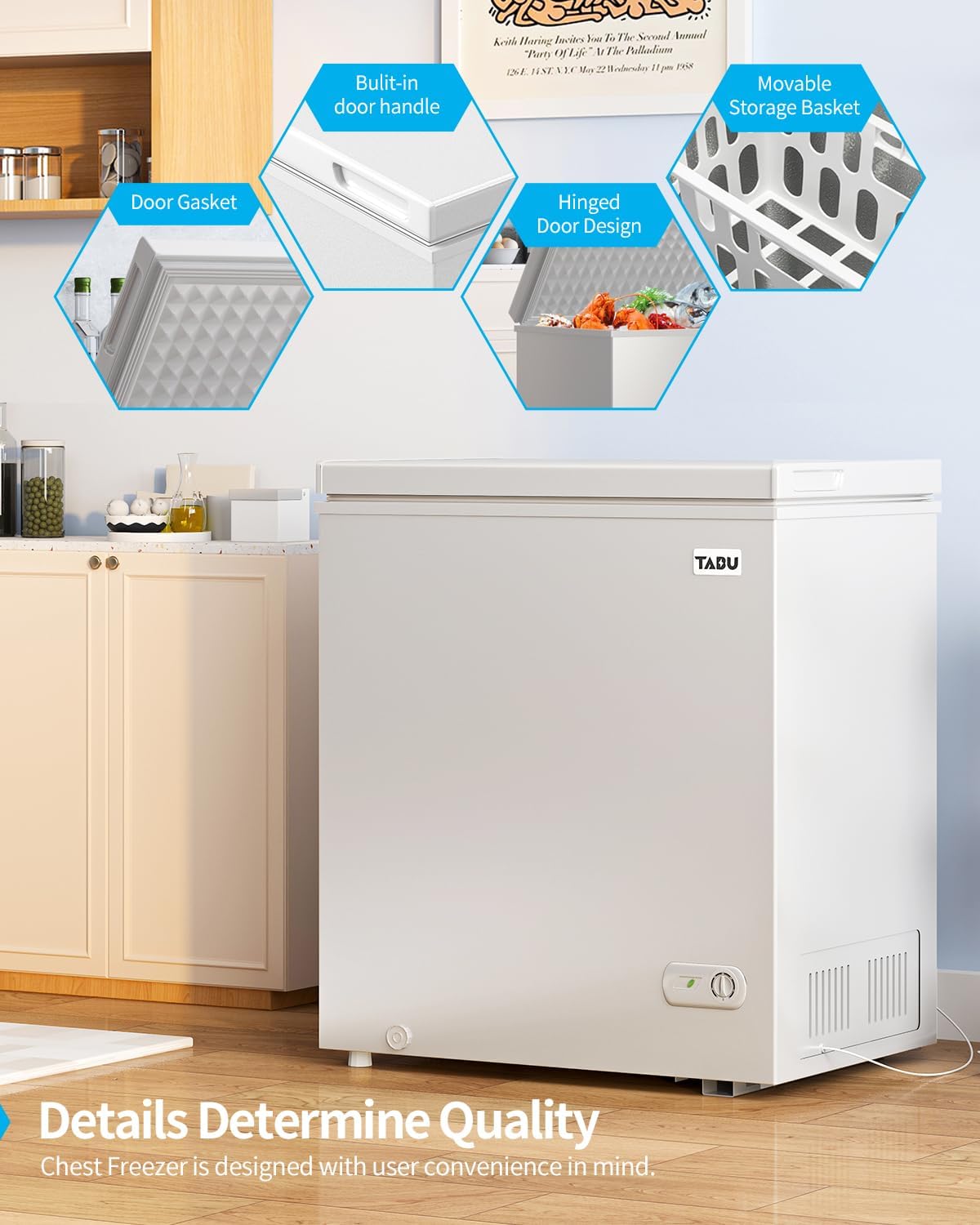 TABU 7.0 Cubic Feet Chest Freezer, Energy Saving Chest Deep Freezer with 7 Level Adjustable Thermostat, Top Opening Compact Freezer with Removable Storage Basket (White)