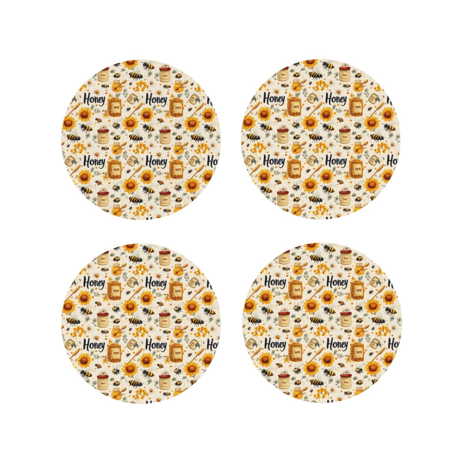 Leather Coasters Set of 4 - Bee Sunflower Honey Print Lightweight Drink Coasters for Desk