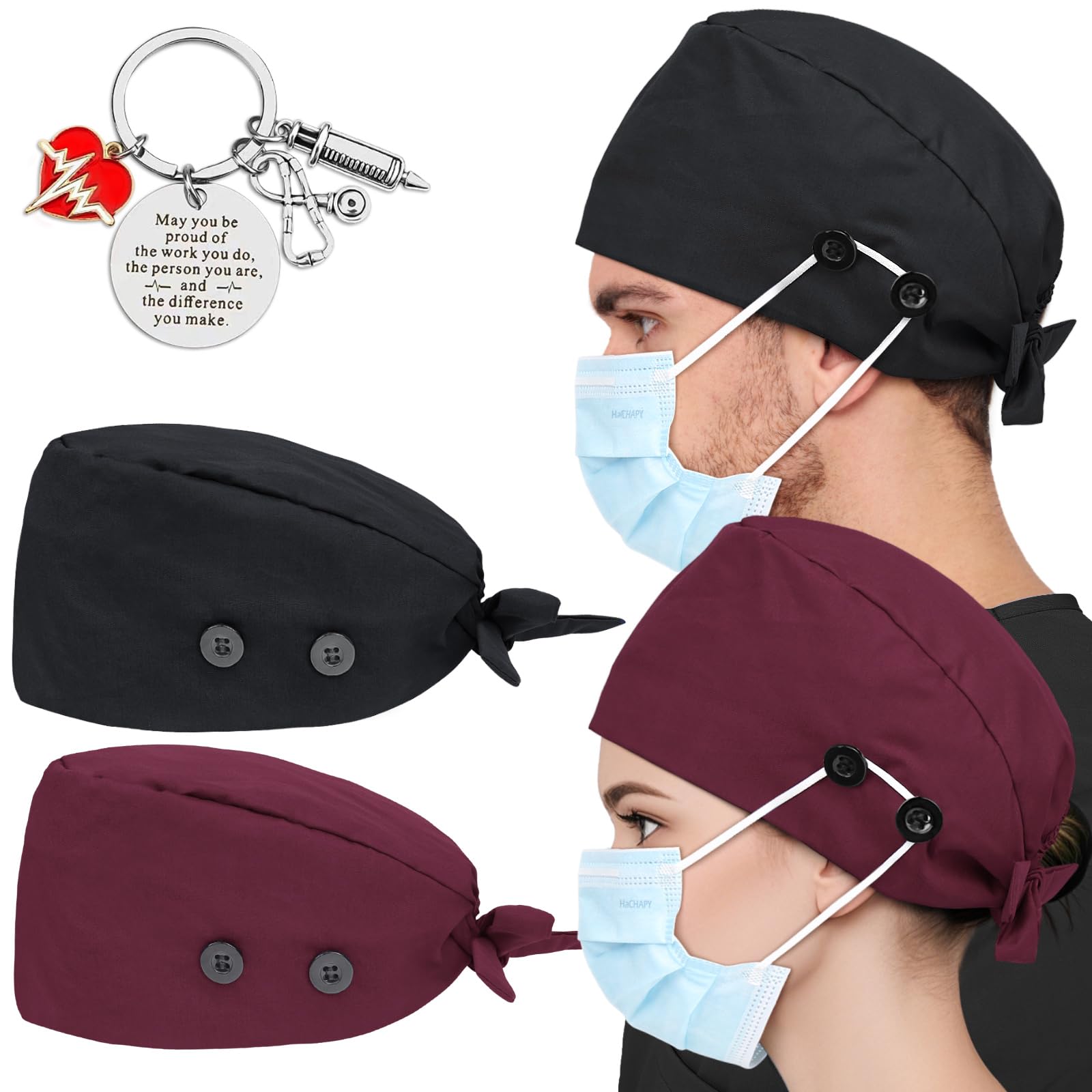 2 Pcs Satin Lined Scrub Cap Nurse Hats for Women Men 4 Buttons