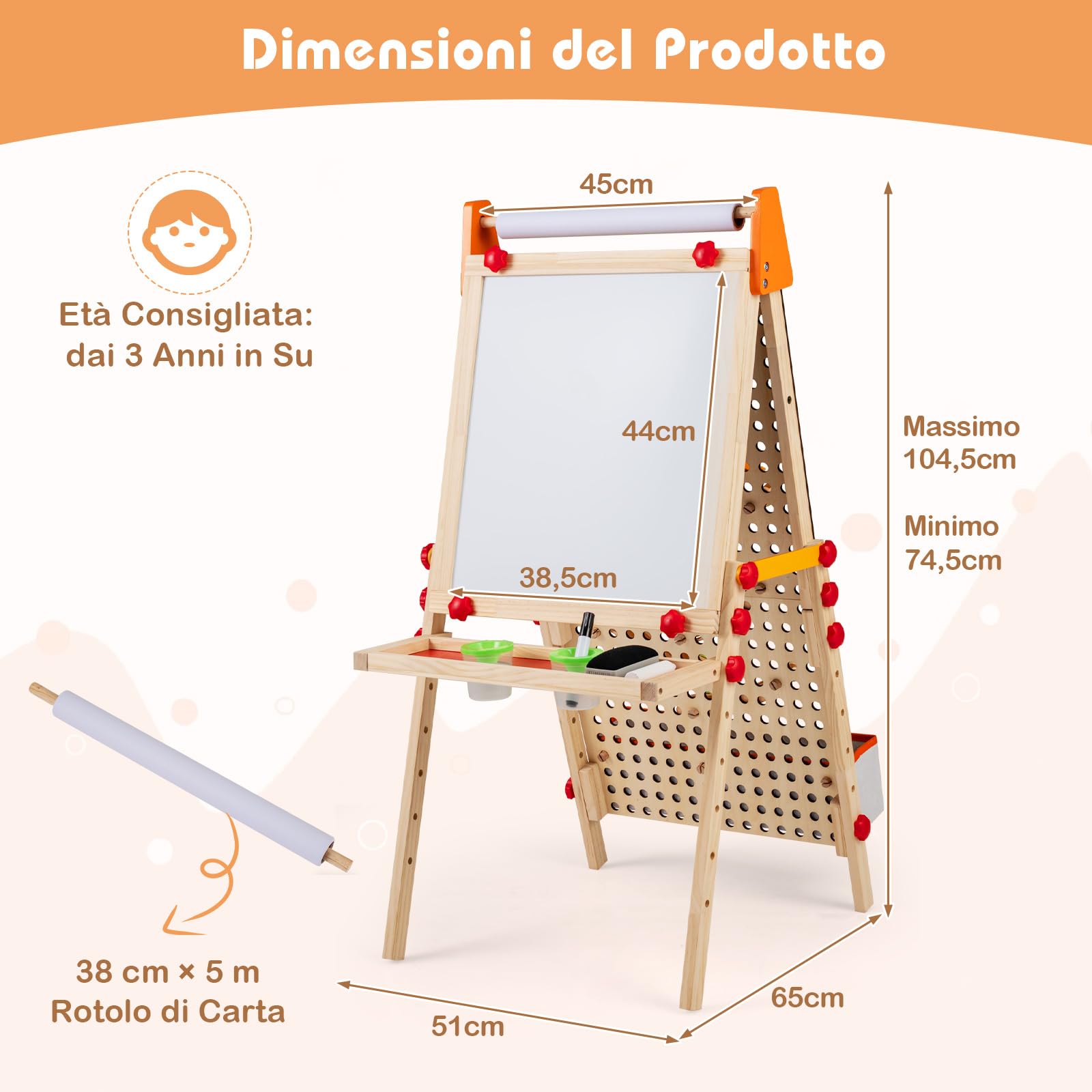 COSTWAY Lavagna per Bambini, Cavalletto Pieghevole e Regolabile, Lavagna Magnetica Doppia Faccia con Rotolo di Carta, Vassoio Portaoggetti e Corsa per Biglie, per 3+ Anni