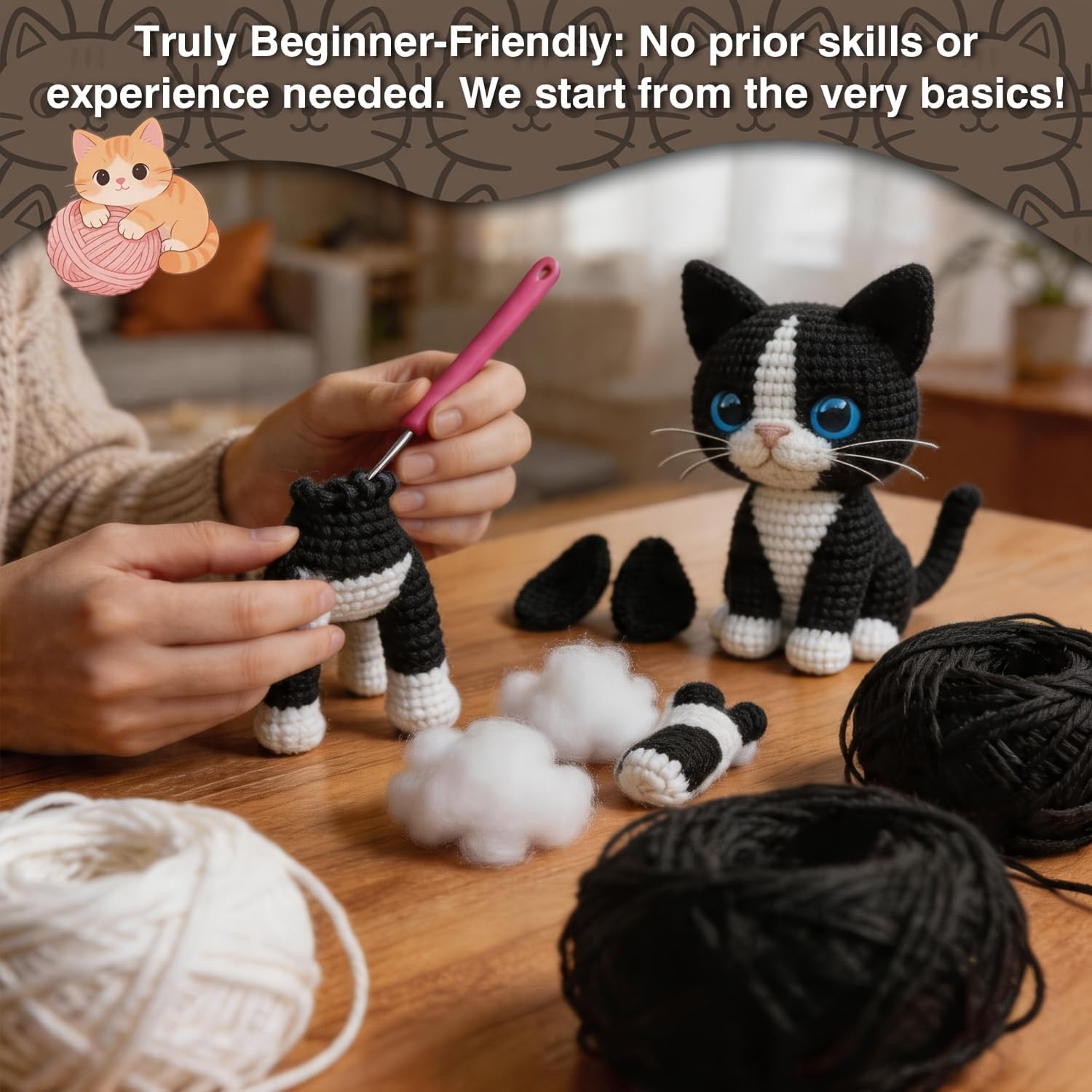 DIY Crochet Cat Kit for Beginners – Amigurumi Tuxedo Cat Stuffed Animal Knitting Kit with Yarn, Hook, Safety Eyes & Step-by-Step Instructions – Easy Beginner Crochet Animal Craft Set for Adults
