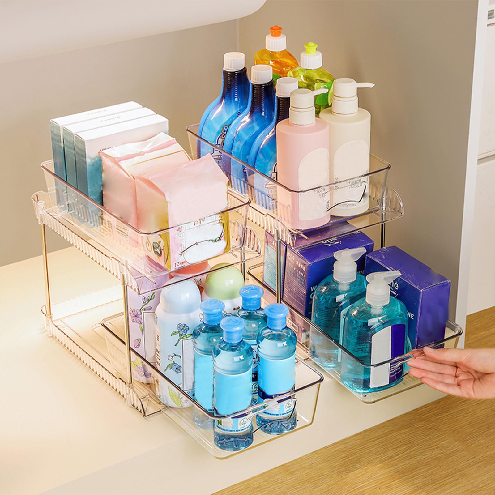 Organizzatore per Cassetti da Bagno Trasparente a 2 Livelli, Massimizza in Modo Efficiente lo Spazio di Archiviazione per la Sotto il Lavello, Scatola Portaoggetti in Plastica Resistente
