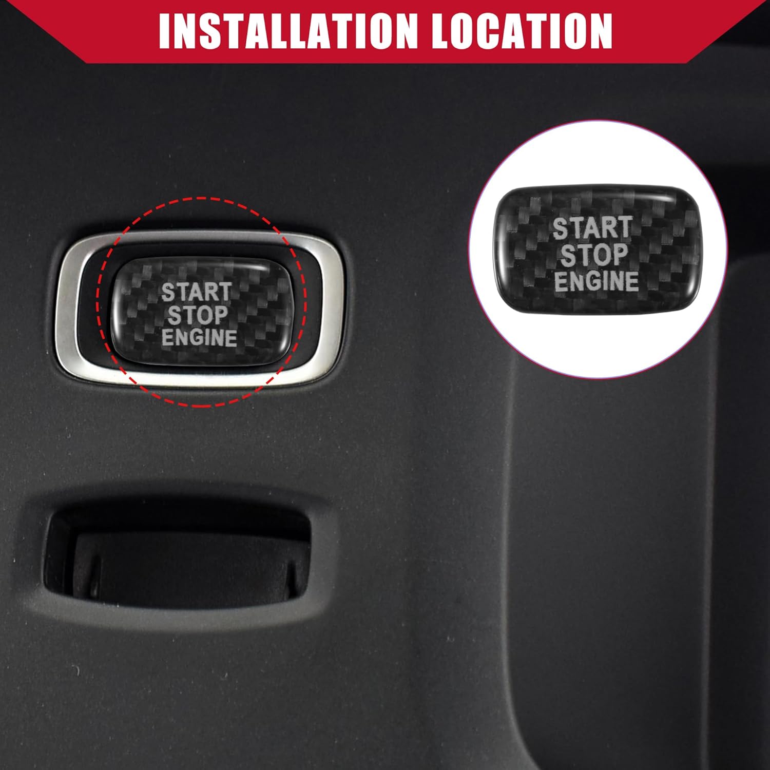 Carbon Fiber Pattern Engine Start Button Cover Trim for Volvo S60 / Inner Push Start Stop Button Trim Sticker/Durable Polyurethane / 1 Pcs Black