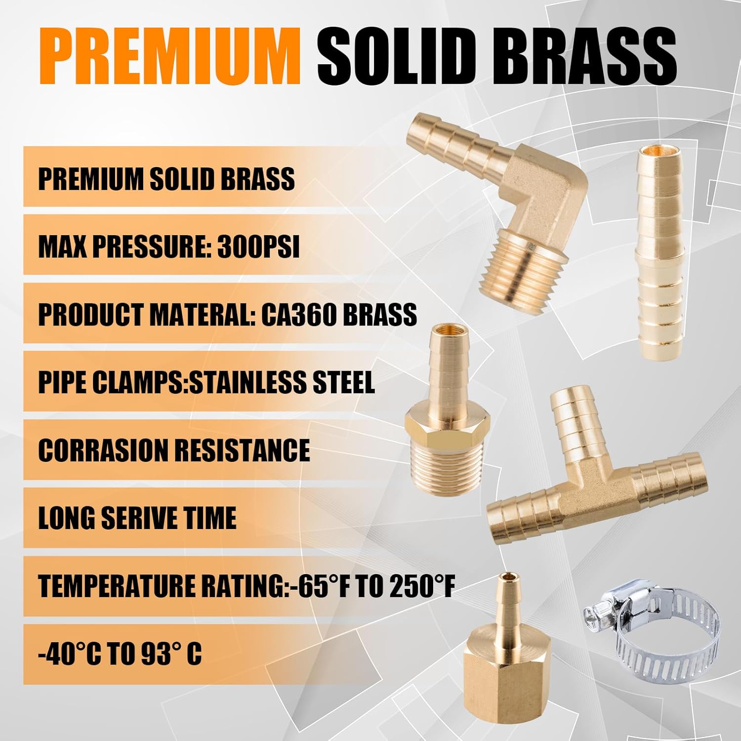 136Pcs Brass Hose Barb Fittings Assortment Kit Barb Splice/Female Adapter/Coupler/Tee/Male Elbow NPT Thread 1/8" 3/16" 1/4" 5/16" 3/8" 1/2" Air Hose Fittings with Pipe Clamps for Water/Air/Fuel