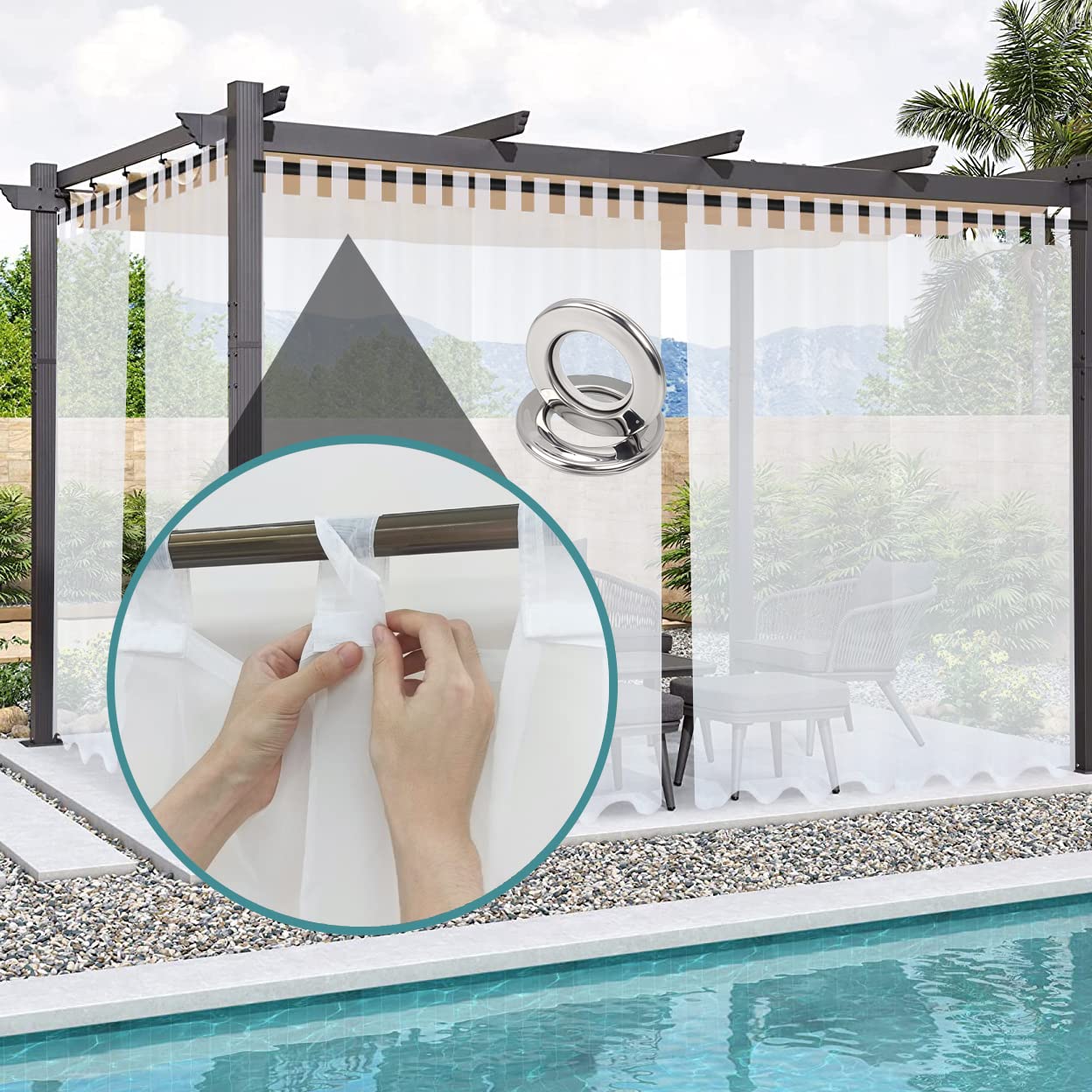 Outdoor Vorhang Wetterfest mit Klettverschluss Weiß Transparent (2 Stücke) 90x100(BxH) cm Terrasse Vorhänge Outdoor Gardinen Wasserdicht Sonnenschutz
