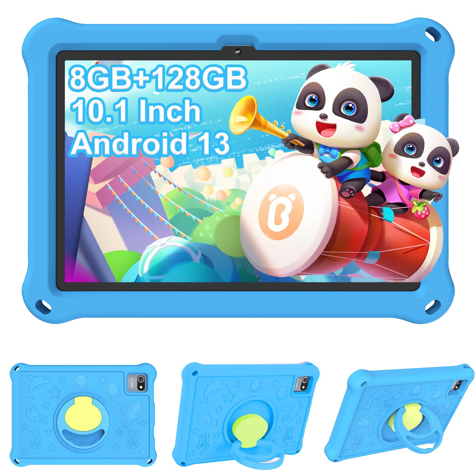 Tableta para Niños de 10.1 Pulgadas,Tabletas Android 13 con Funda Protectora, 8+128GB,Pantalla IPS 1280 * 800,Cámara Dual 2MP+5MP,6000mAh,Tableta Aprendizaje con Control Parental e iWawa,Azul