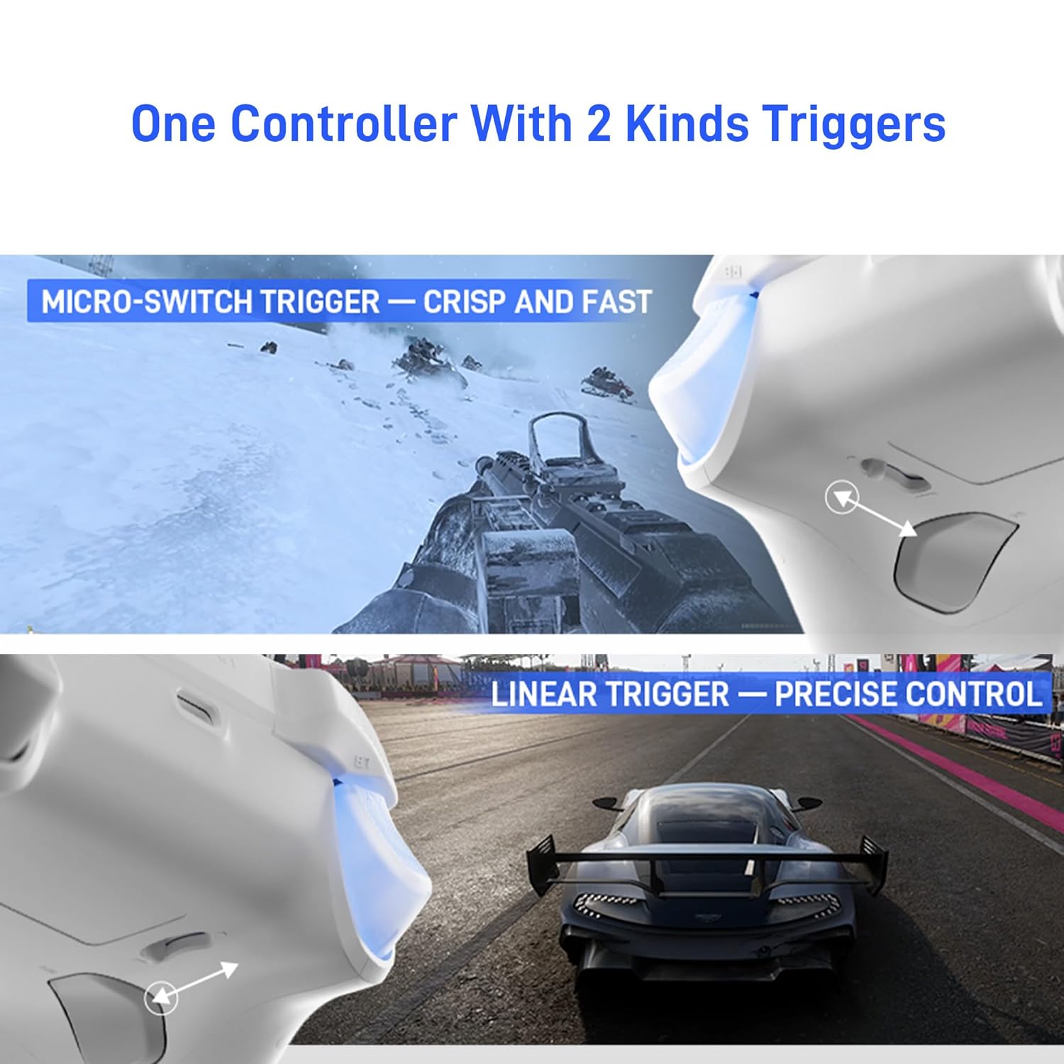 FLYDIGI Direwolf 4 controller triggers shown in two modes: Micro-Switch Trigger for fast action and Linear Trigger for precise control, with gameplay exampLes.