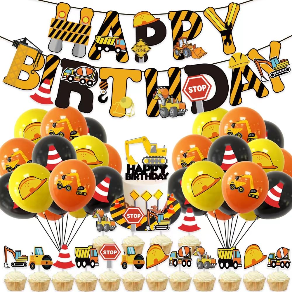 TantoyLeyuan 36 PCS Construction Birthday Party Supplies with 1Construction Birthday Banner 17 Cupcake Toppers and 18 Construction Balloons Dump Truck
