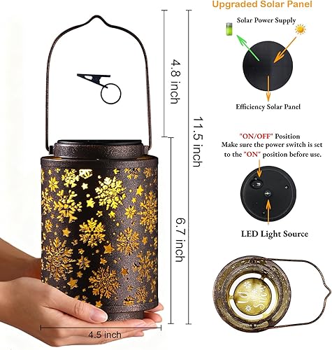 Miniatura 7 de Faroles solares impermeables para exteriores, luces colgantes de metal con copos de nieve, decoración de Navidad para jardín, patio, porche, regalos