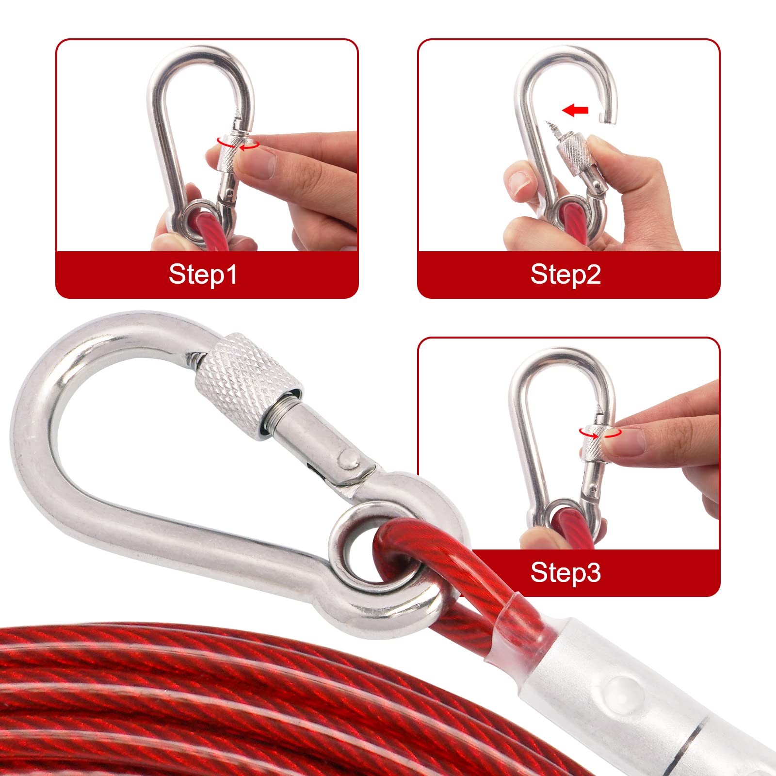 Cable de amarre rojo para perro con hebilla de acero, cable de 3/6/9/15 m con gancho giratorio, correa de camping al aire libre para patio, hasta 500 libras (9 m)
