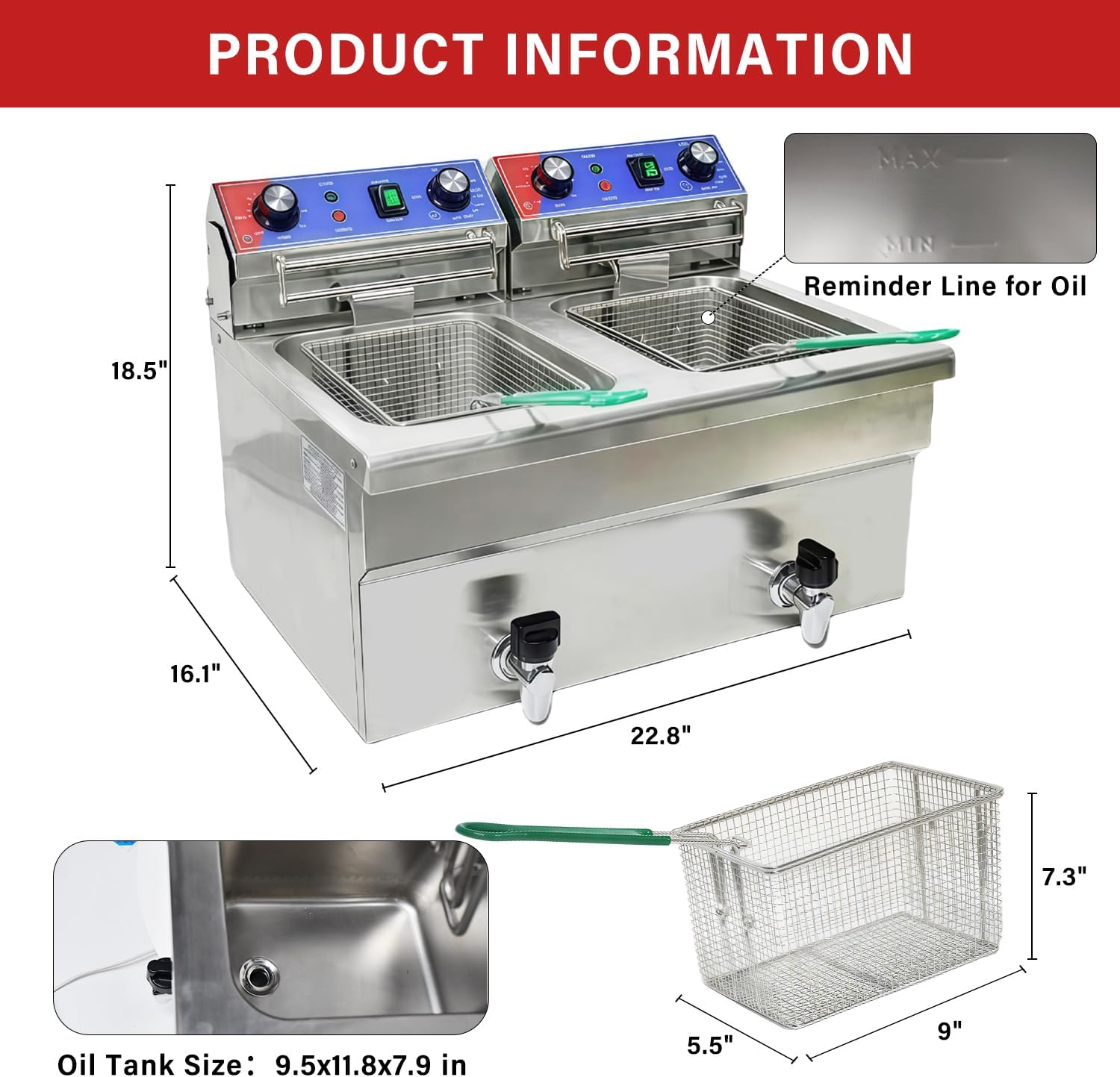 Commercial Deep Fryer, 2 x 15.3Qt Dual Tank Electric Countertop Deep Fryers with Drain, 3800W Large Capacity Stainless Steel Oil Fryer with Baskets and Time&Temp Control for Restaurant Use