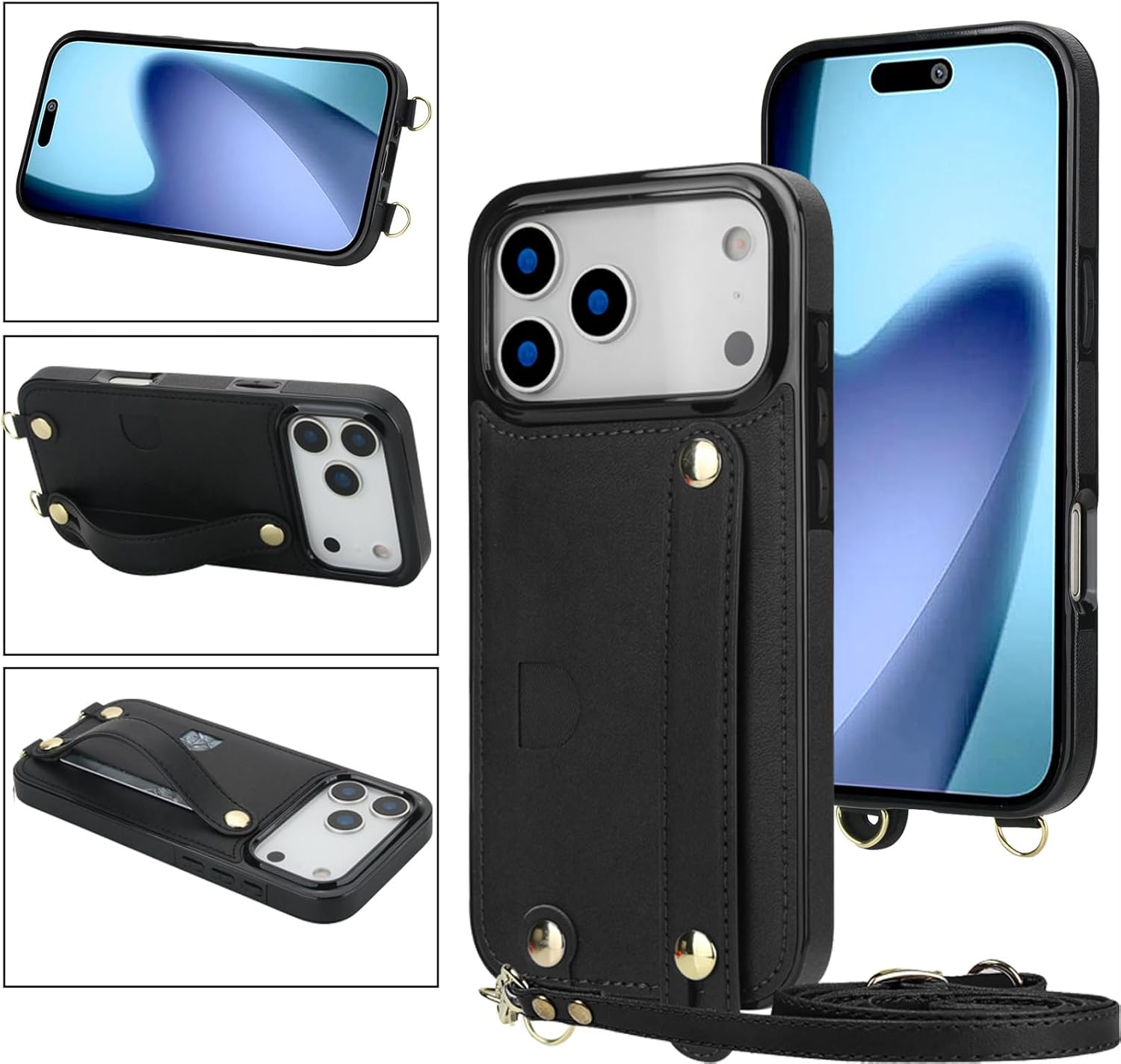 CCSmall for iPhone 17 Pro Max Lanyard Case with Card Holder for Women, Detachable PU Leather Crossbody Strap Wristband Kickstand Phone Cover for Apple iPhone 17 Pro Max -KB Black - Image 4