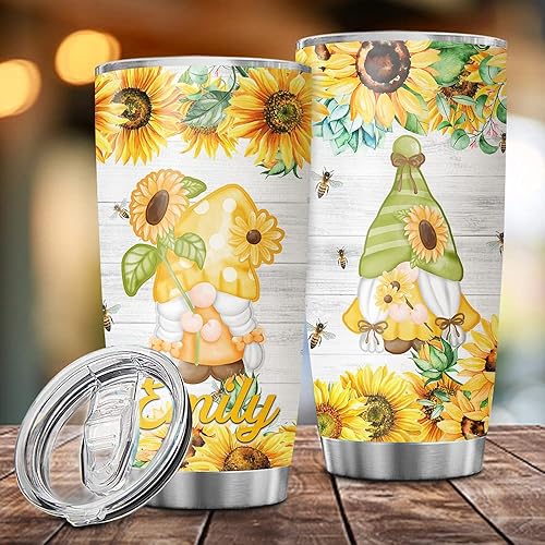 Miniatura 3 de Vaso personalizado de gnomo con tapa, 20 onzas, 30 onzas, vasos de girasol, termo personalizado de doble pared con aislamiento al vacío, taza de