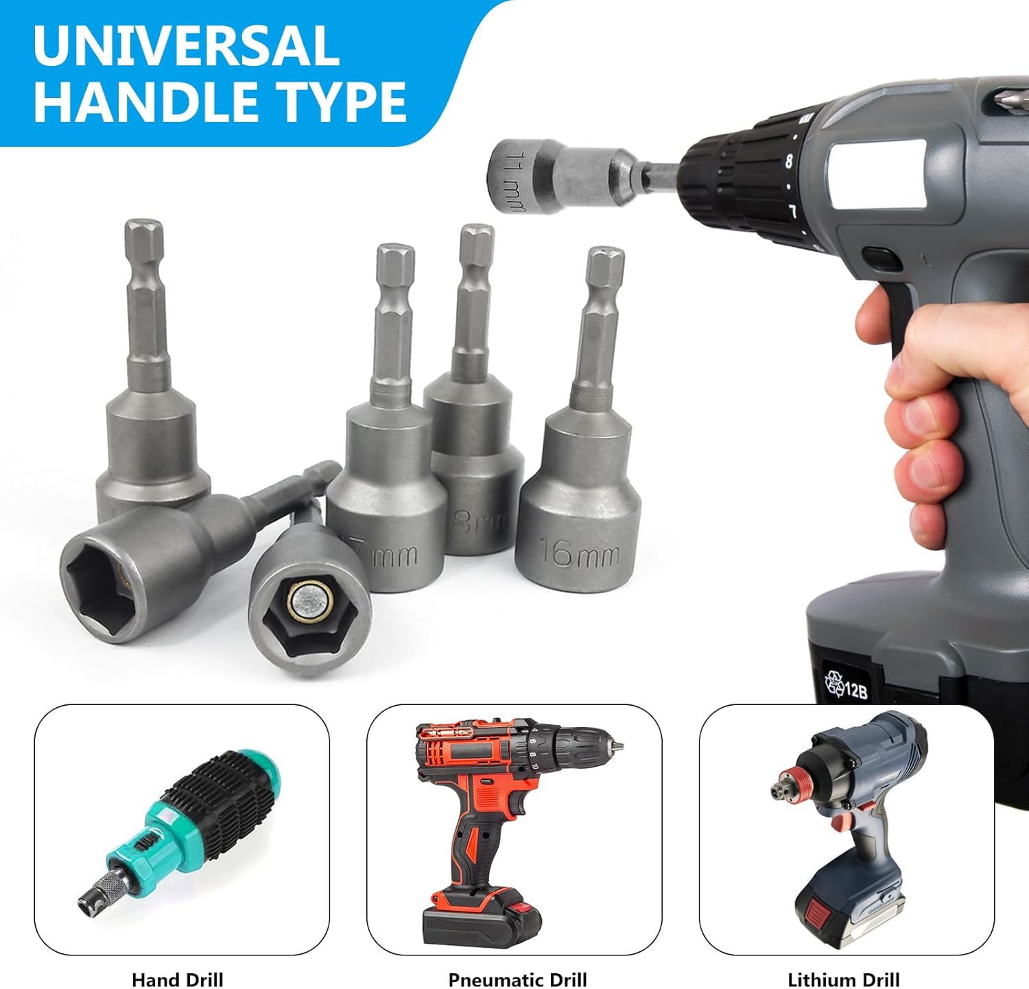 14-Piece Socket Wrench Set: 6-19 mm Magnetic Hex Socket Set, Hexagonal Socket Set for Drill, Cordless Screwdriver