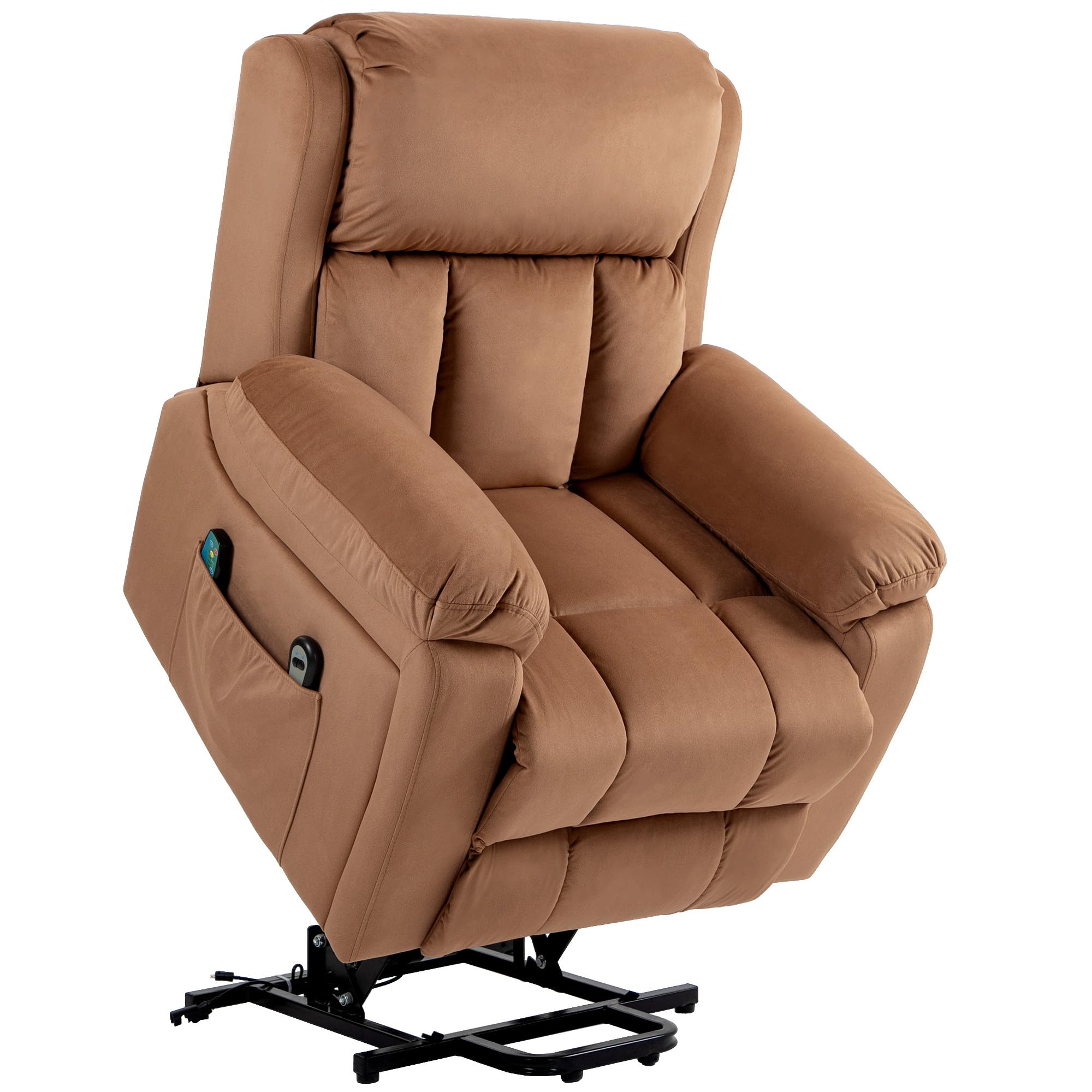 HOMCOM Sillón Relax Reclinable Eléctrico Levanta Personas, con Masaje Vibratorio y Calor, Sillón Elevador, con Control Remoto, Reposapiés, Tapizado en Cuero Sintético, Bolsillos, Marrón