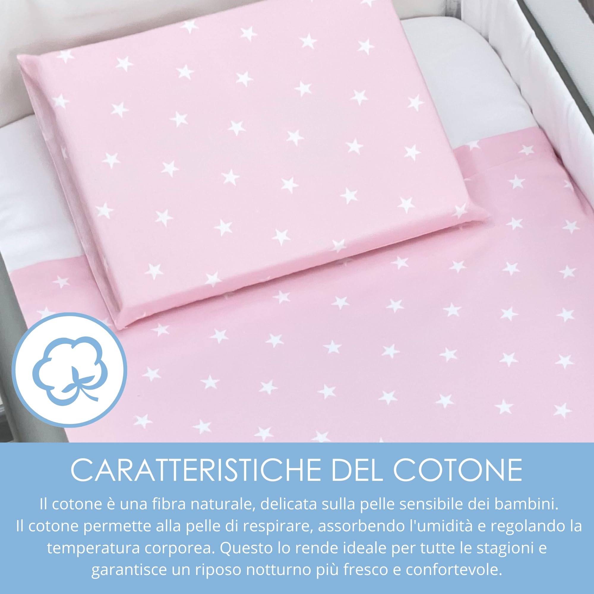 baby idea Lenzuola Next To Me 3 Pezzi Compatibili Culla Neonato 83x50 Lenzuola culla Fantasia + Sotto con Angoli + Federa Cuscino 100% Cotone Certificato Oeko Tex Made in Italy (Stellina Rosa 3 Pz)