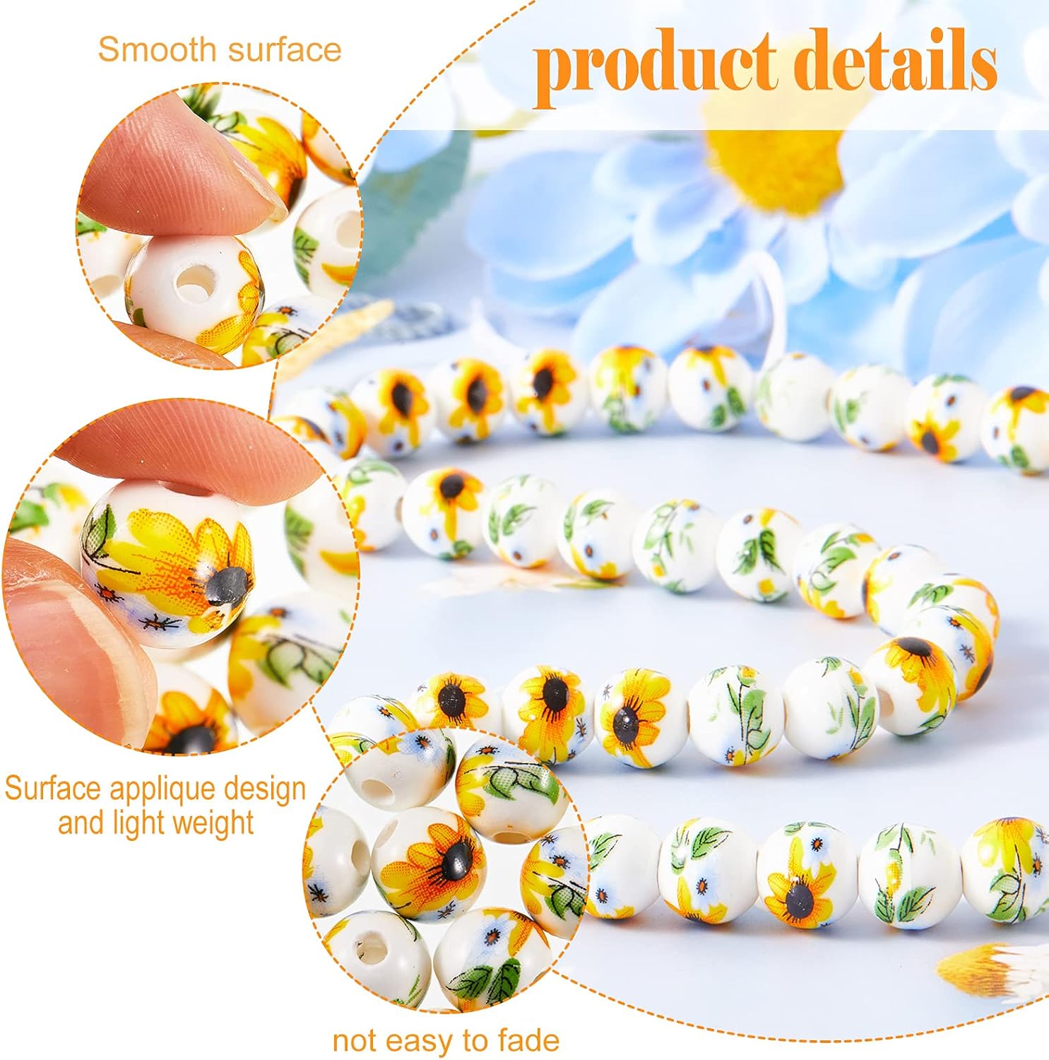 Hicarer 200 Pcs Ceramic Sunflower Beads 10 mm Summer Flower Ceramic Bead Round Porcelain Spacer Beads for Valentine's Day DIY Gifts Necklaces Earrings Bracelets Crafts Jewelry Making - Image 4