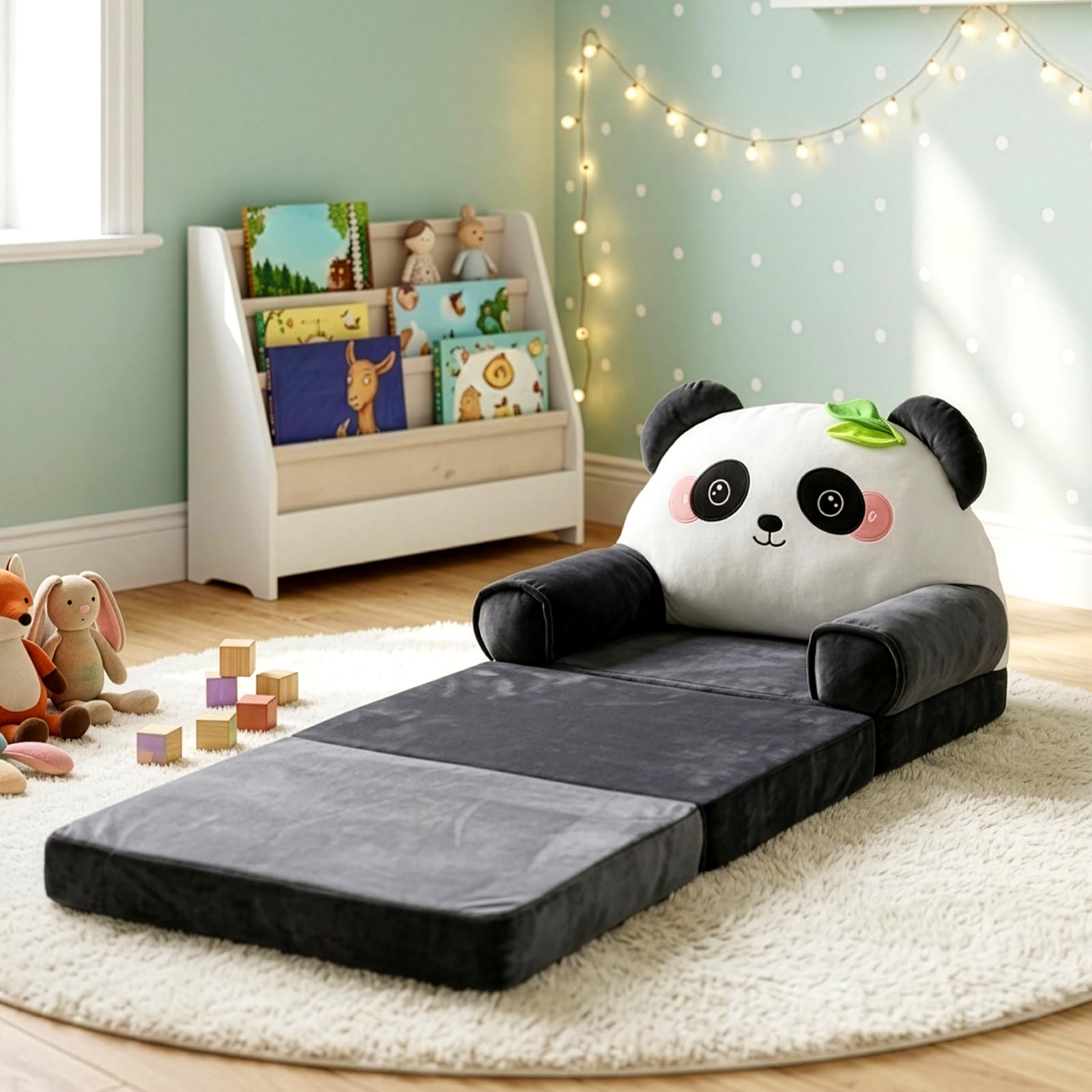 Klappbares Kinder Sofa 3-in-1, Kinder Bodensofa mit hochdichtem 30D Schaumstoff, Faltbares Lazy Sofa mit abnehmbarem Waschbarem Bezug, Platzsparender Sofa Sessel & Schlafsofa (Panda)