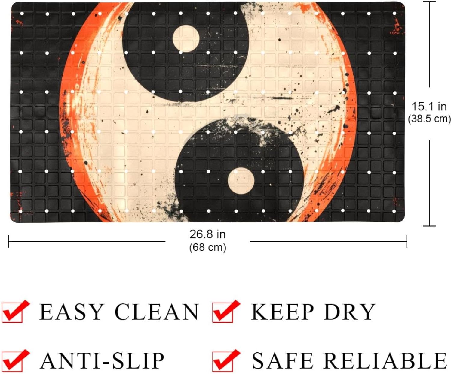 Cool Yin Yang Symbol Bath Tub and Shower Mats, Non Slip Bathmat with Drain Holes and Suction Cups for Bathroom Floor, 15.1 x 26.8 Inch