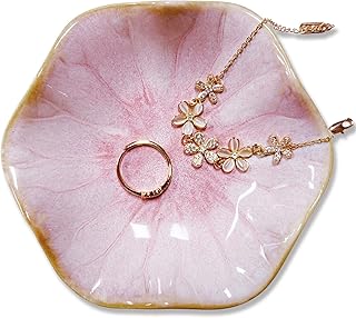 Jewelry Dish Tray, GO2HEJING Jewelry Holder, Pink Leaf Shape Ring Tray, Ceramic Necklace Stand, Bracelet Holder and Earrin...