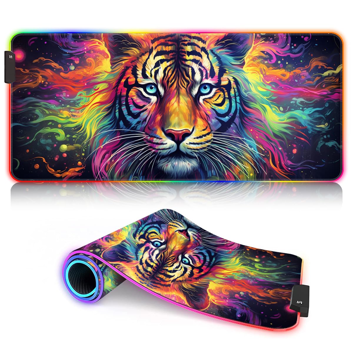 Tappetino per mouse da gaming, motivo: tigre fantasy, ROG, lungo, estendibile, LED, grande, 60 x 35 x 0,3 cm, con bordo cucito, base in gomma antiscivolo, lavabile