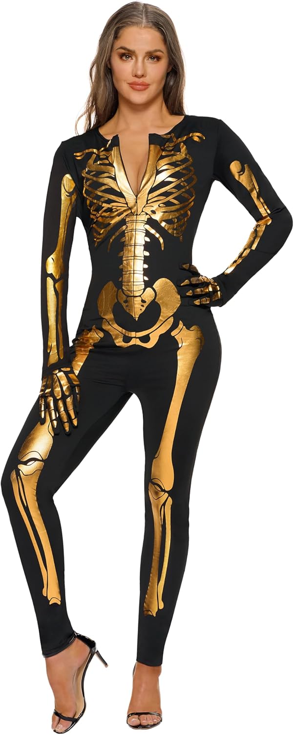 Spooktacular Creations Women Skeleton Costume Glow in the Dark, Halloween Skeleton Bodysuit for Adult, Halloween Costume