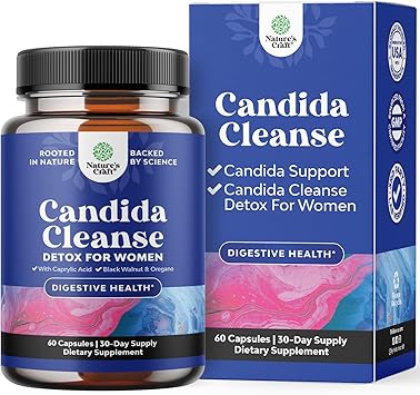 Natures Craft Candida Cleanse Body Detox for Women - Anti Overgrowth Gut Detox for Women with Caprylic Acid Black Walnut Wormwood and Oregano - Full Body Cleanse with Pre and Probiotics - 60 Count