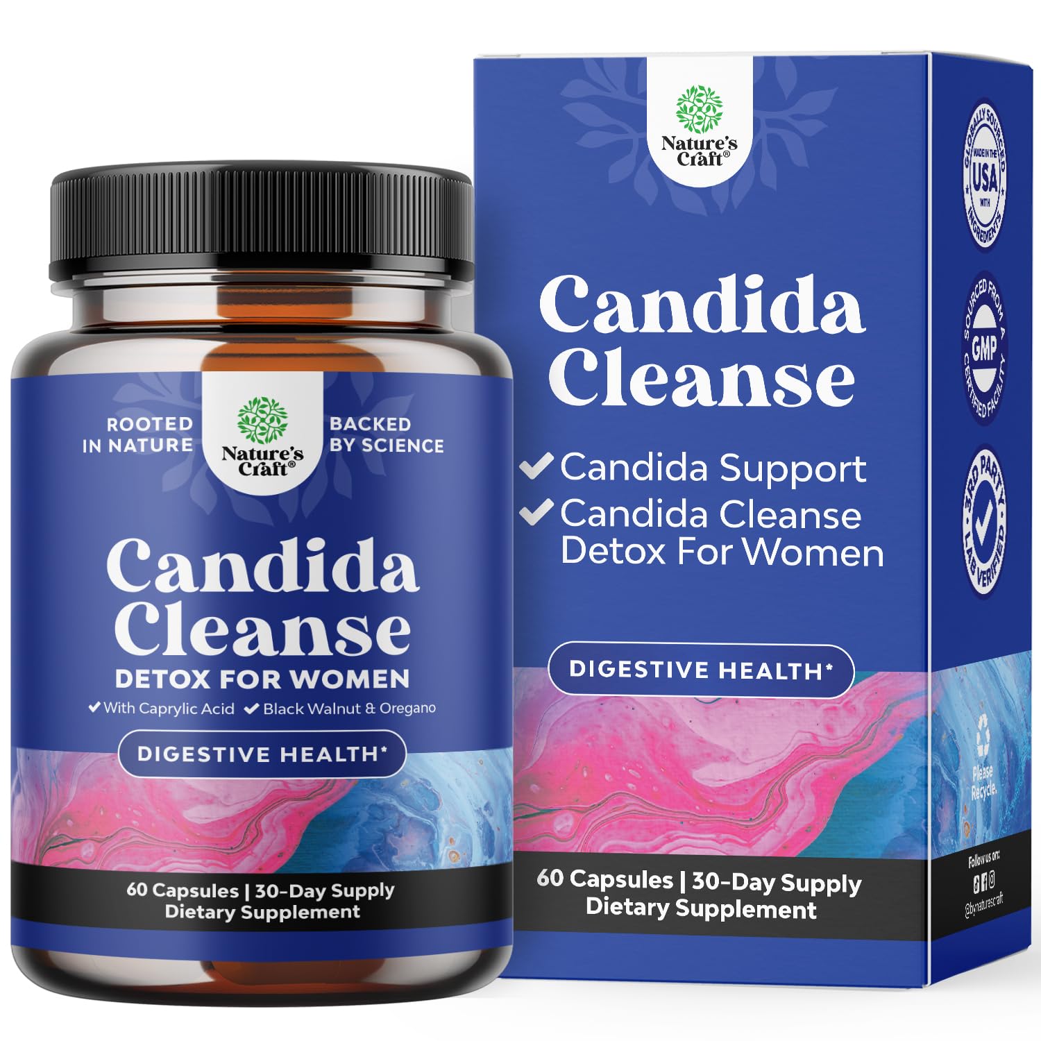 Natures Craft Candida Cleanse Body Detox for Women - Anti Overgrowth Gut Detox for Women with Caprylic Acid Black Walnut Wormwood and Oregano - Full Body Cleanse with Pre and Probiotics - 60 Count