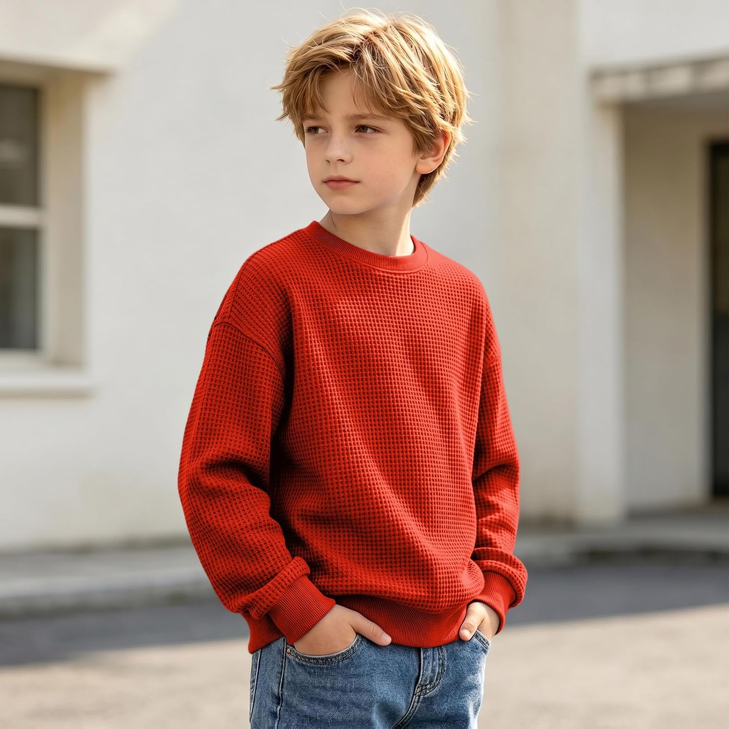 Boys Waffle Weave Crewneck Sweatshirt Long Sleeve Casual Tops
