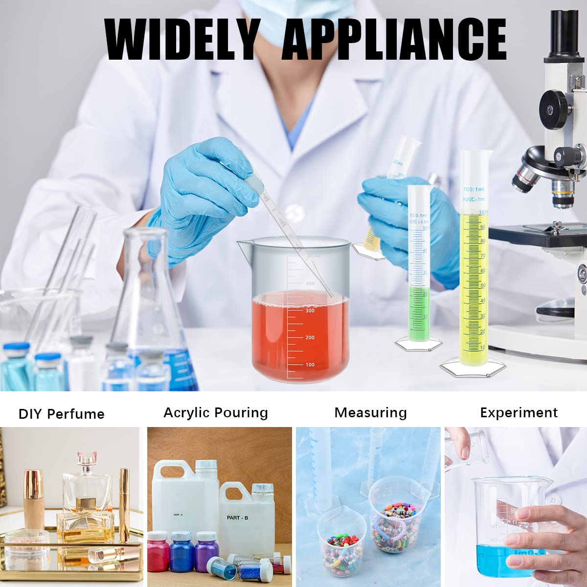Juego cilindros graduados de plástico medición vasos tubos ensayo jarras frascos laboratorio ciencia pipetas cepillos transferencia líquidos 15pcs
