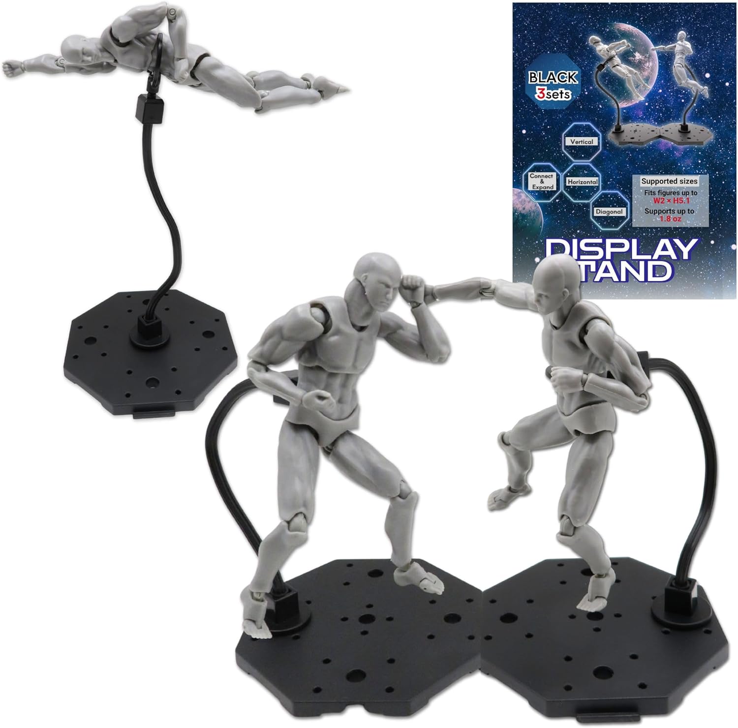 QUCCHANEN Adjustable Action Figure Stand for Gundam HG RG SD 1/144 & SH Figuarts Effects - Connectable Black Display Base 3 Pack