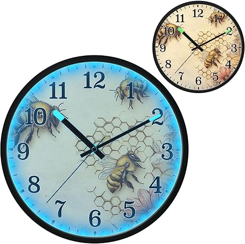 JUNZAN Luminous Voice-Activated Round Wall Clock 12 Inch Honey Bees Wildflowers Retro Yellow Non-Ticking Silent Battery Operated Wallclocks for
