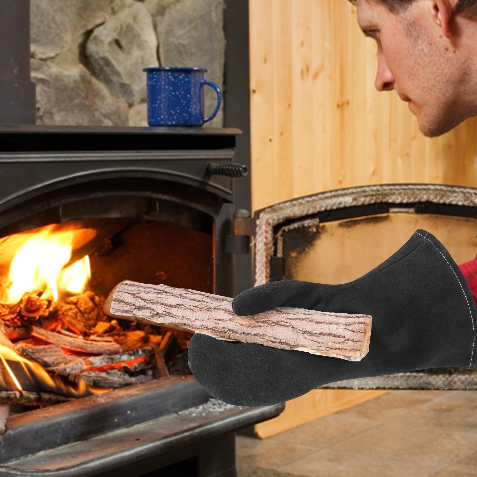 JZK Hittebestendige lederen lashandschoenen voor houtbranders, barbecue, tuinieren voor heren