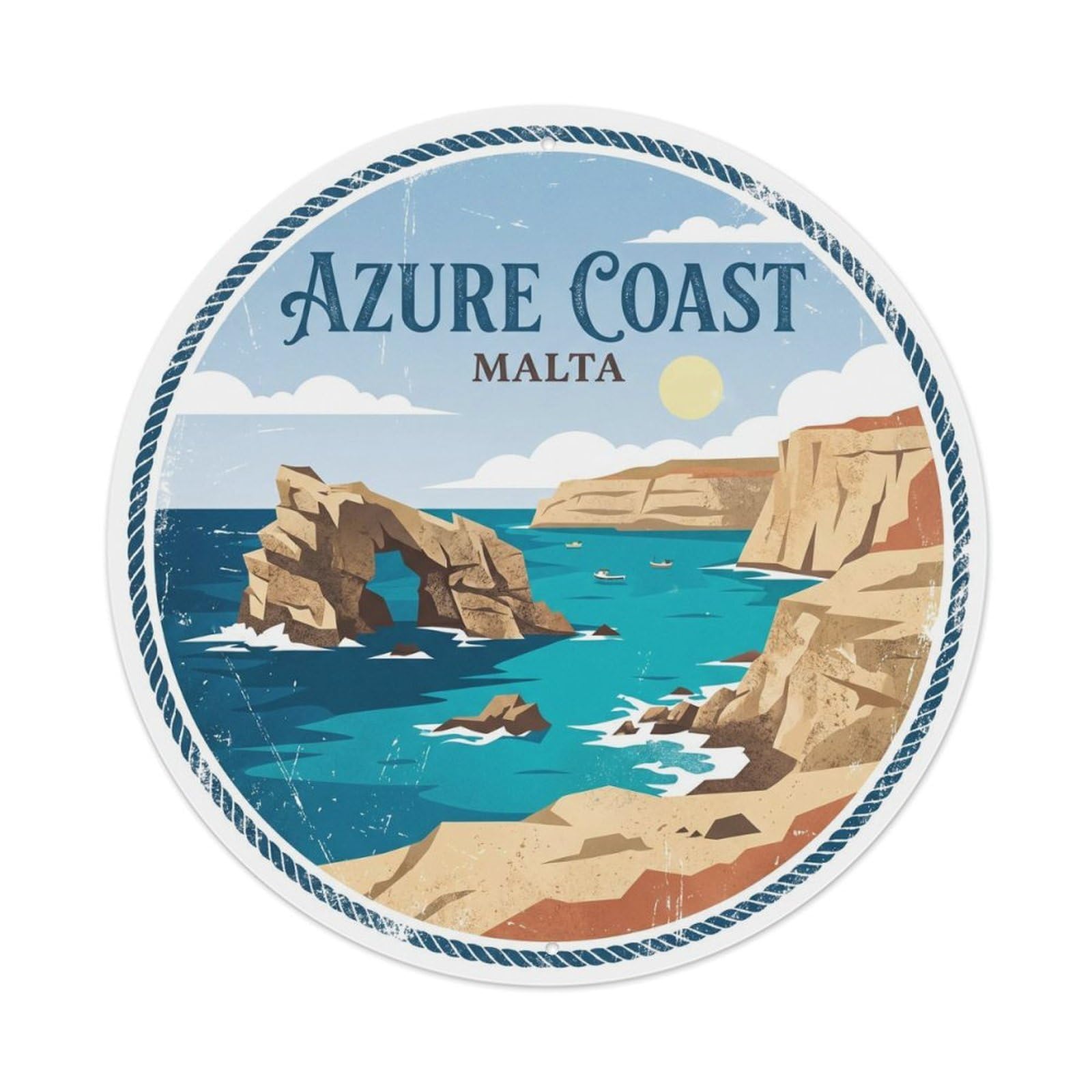 Vintage Travel Azure Malta Coast Metal Tin Sign Plaque Wall Decor for Cafe, Club Bar, Office, Home Garden Round Metal Poster 8x8Inch
