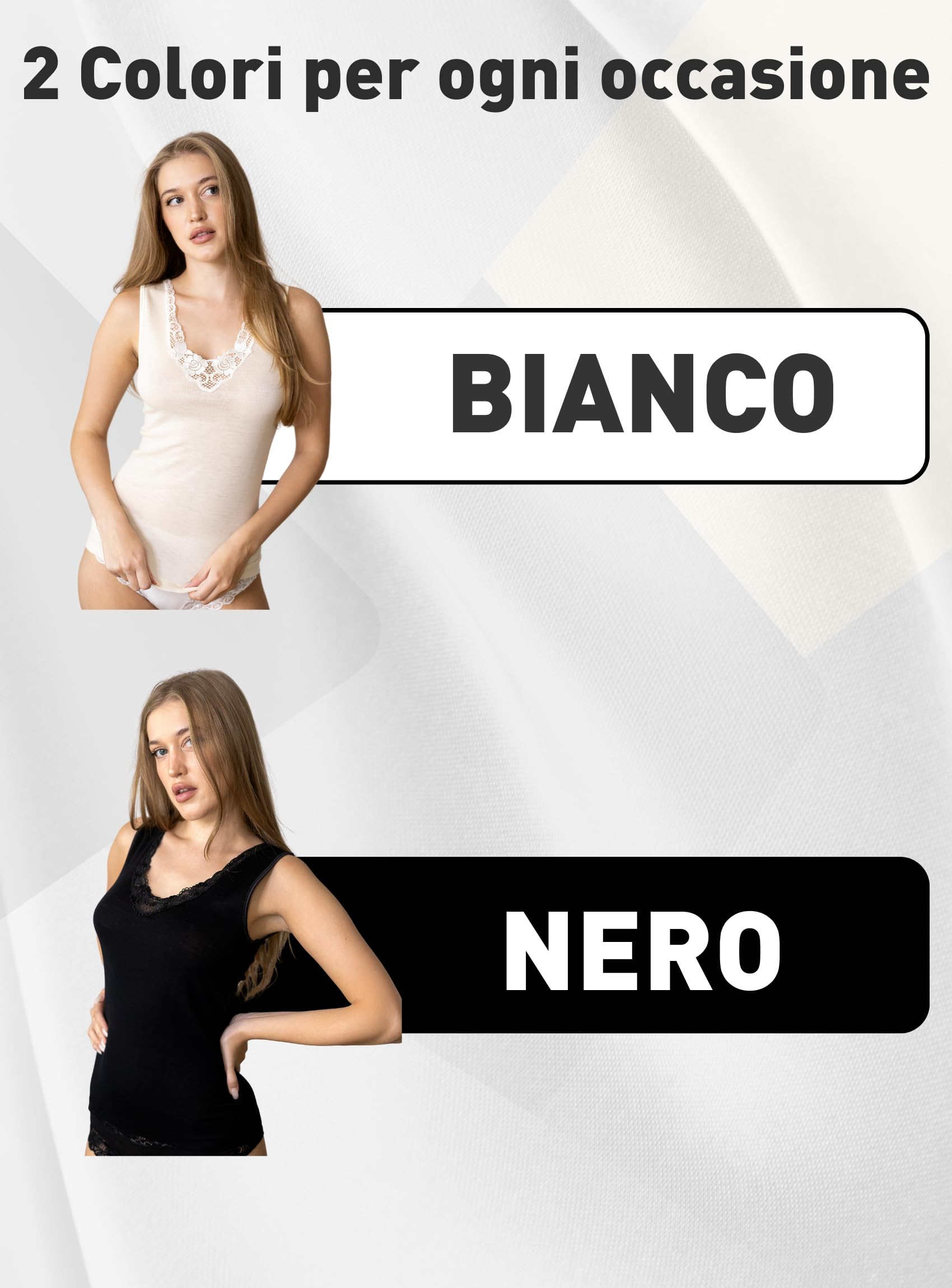 Pinuccio Venegoni Camiseta sin mangas de lana y seda íntima de mujer; camiseta térmica de hombro ancho con encaje. Made in Italy negro y blanco ropa interior para mujer de invierno elegante enojado