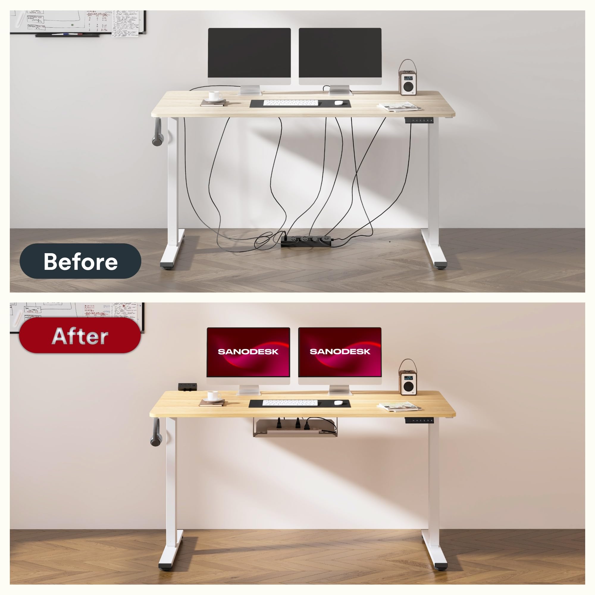 SANODESK Bureau Assis Debout Électrique Plateau Complet, Bureau Debout Réglable en Hauteur avec Système Anti-Collision,110x54cm,Fonction Mémoire 4 Hauteurs, Passe-câbles et Boîte de Rangement, Érable