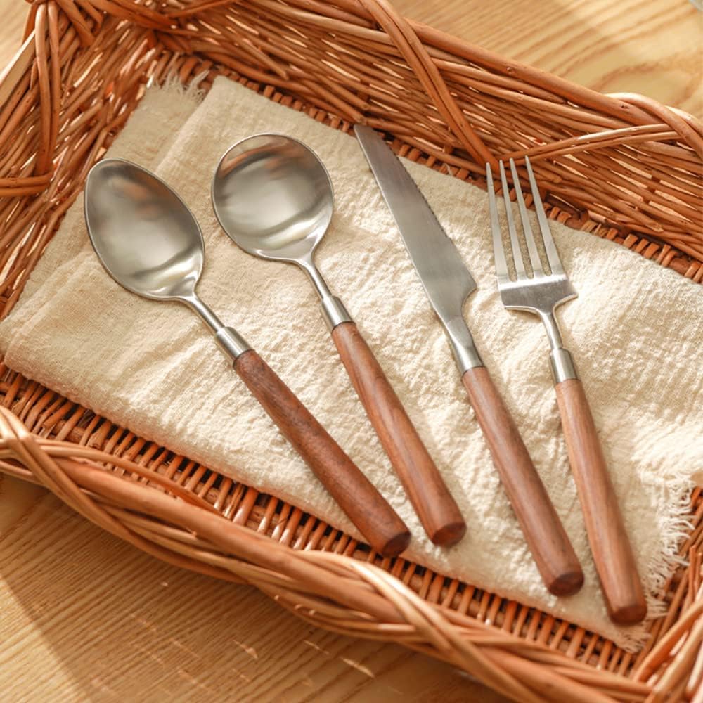 10-teiliges Besteckset Aus 18/10-edelstahl Mit Holzgriffen, Bestehend Aus Messern, Gabeln Und Löffeln. Rustikales Holzbesteck Für Küche, Haushalt, Hochzeit Und Silver 24 Piece Service for 6